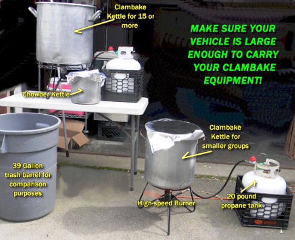 Equipment provided for your Clambake-to-Go, Be sure your vehicle is big enough.